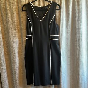 Black dress with fine white pinstripes for detail